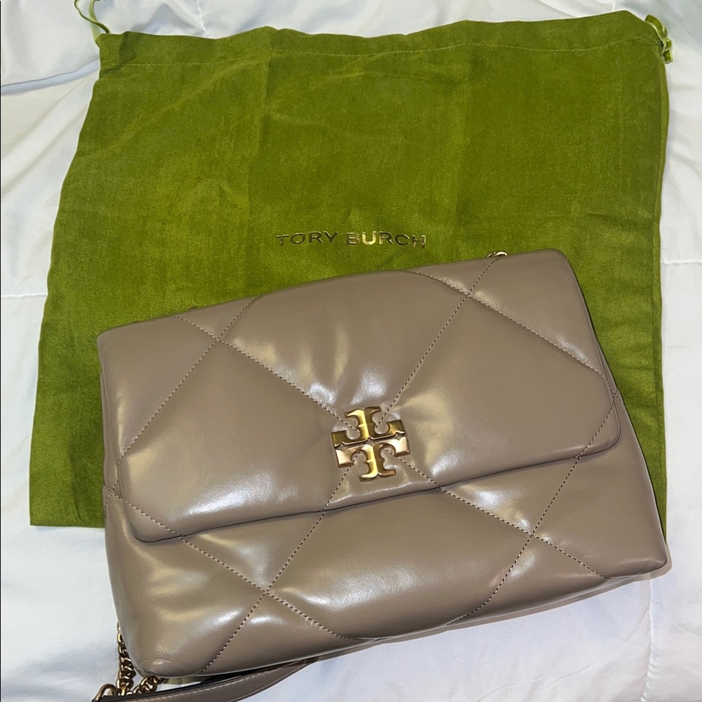 Tory Burch Quilted Taupe Leather Shoulder Bag with Gold Logo